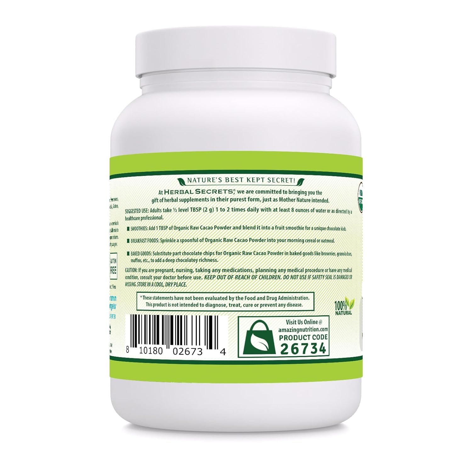 Herbal Secrets Raw Cocoa Powder | 16 Oz | 5 Grams per Serving | 90  Servings | USDA Organic