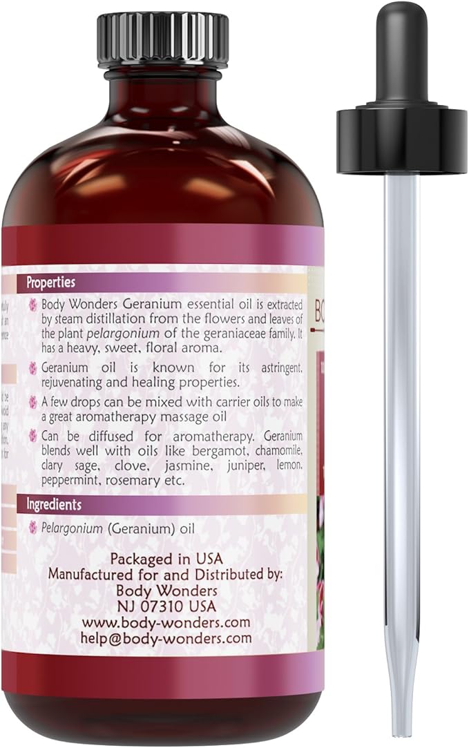 Body Wonders Geranium Oil | Therapeutic Grade Essential Oil | 4 Fl. Oz (118 ml)