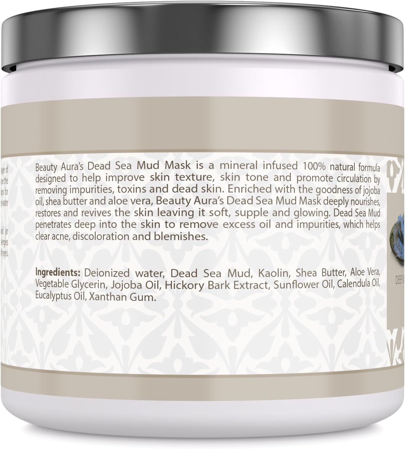 Beauty Aura Dead Sea Mud Mask | 250 Grams (8.8 Fl.Oz) | 100% Natural Deep Skin Cleanser | Paraben & Sulphate-Free