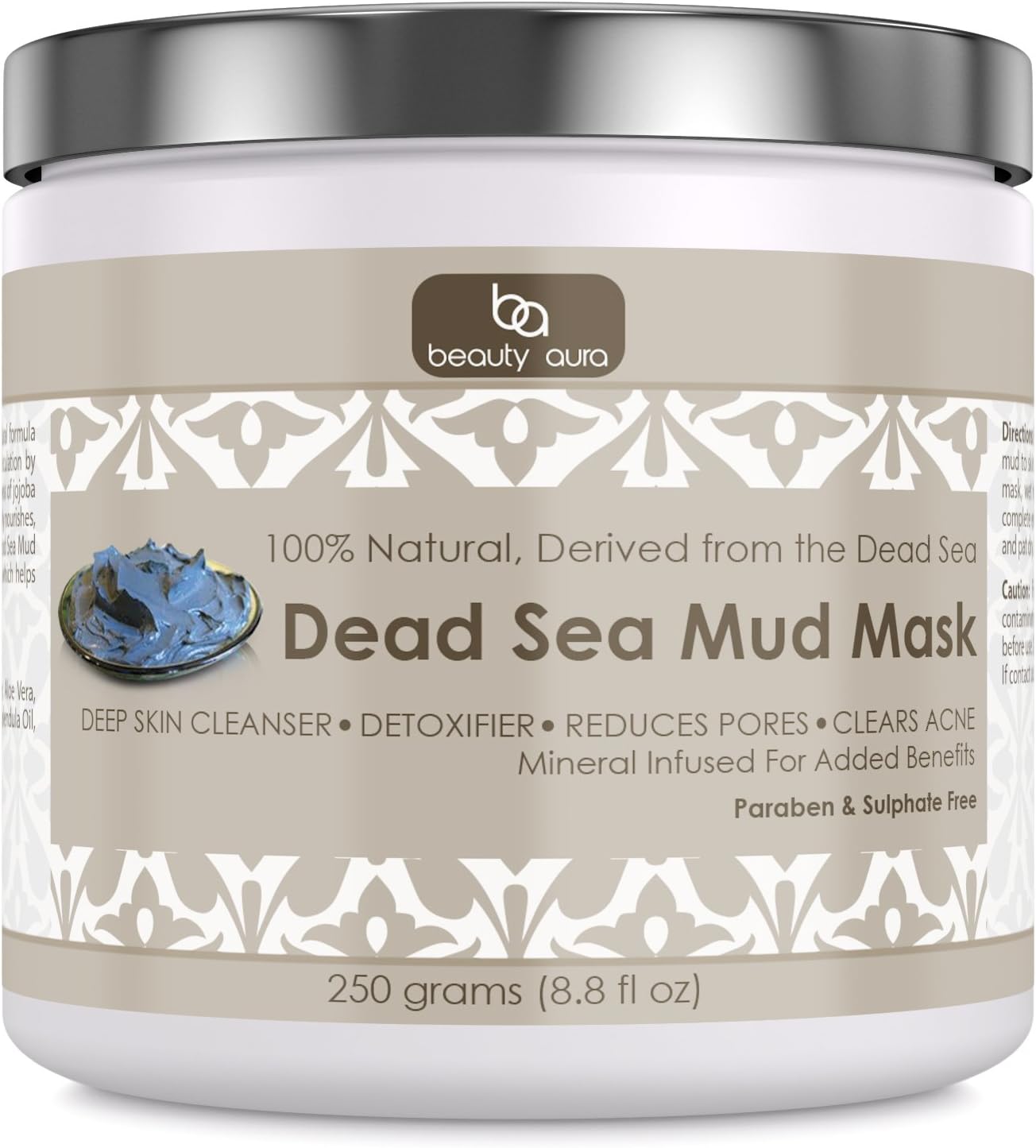 Beauty Aura Dead Sea Mud Mask | 250 Grams (8.8 Fl.Oz) | 100% Natural Deep Skin Cleanser | Paraben & Sulphate-Free
