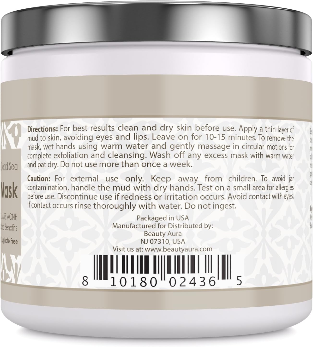 Beauty Aura Dead Sea Mud Mask | 250 Grams (8.8 Fl.Oz) | 100% Natural Deep Skin Cleanser | Paraben & Sulphate-Free