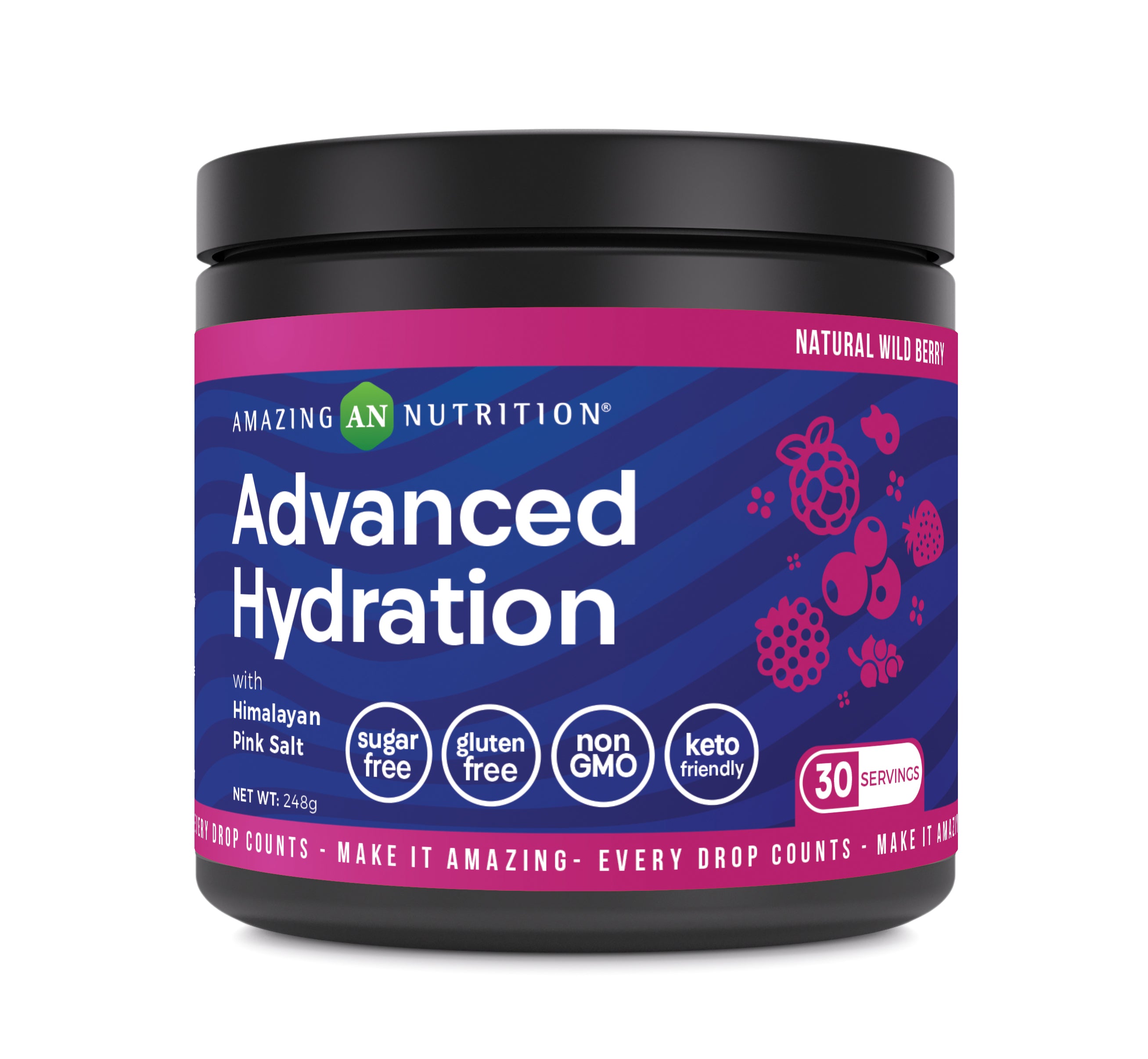 Amazing Nutrition Advanced Hydration Electrolyte Powder | 248 G (30 Servings) | Wild Berry Flavor | Packed with Essential Minerals | Sugar-Free | Keto Friendly