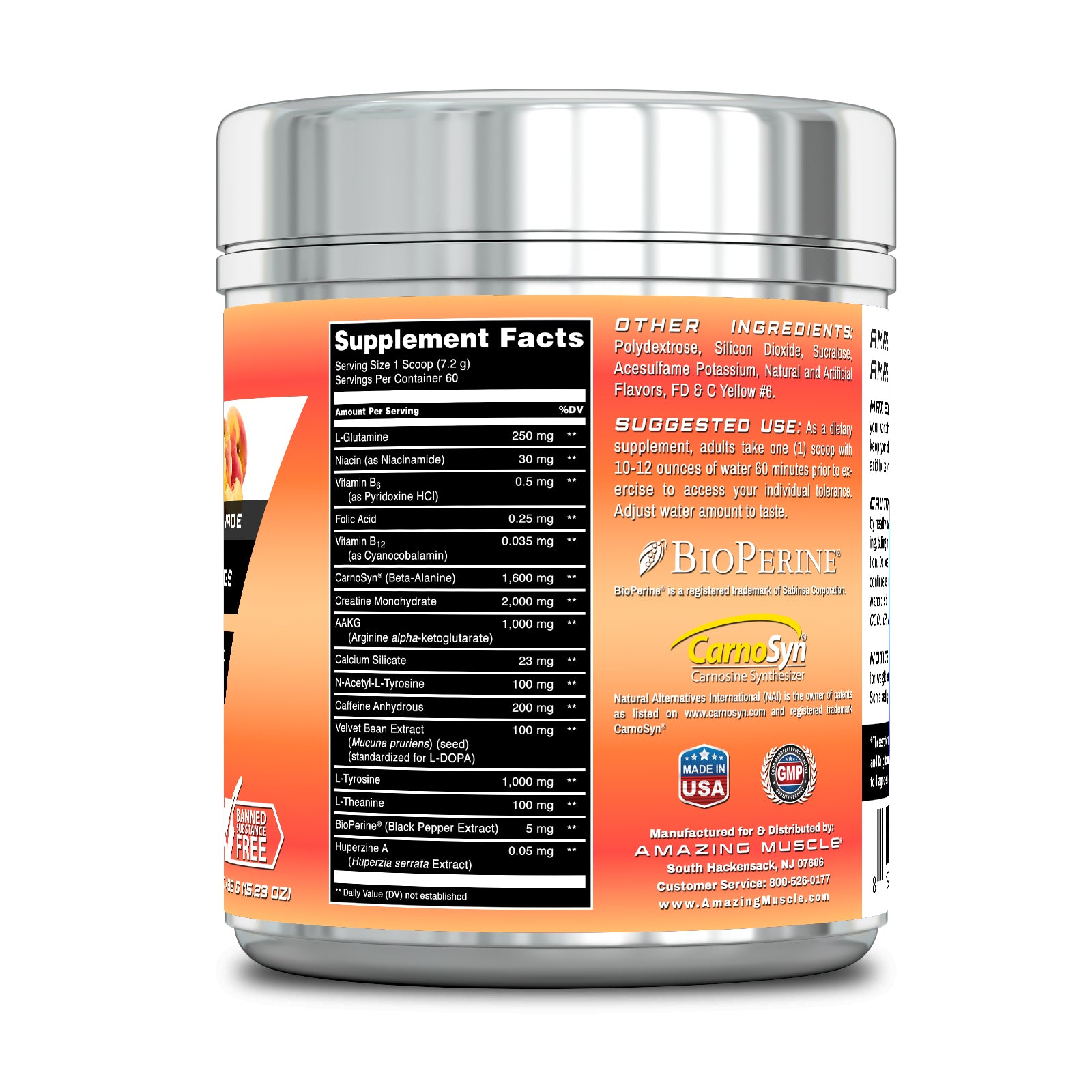 Amazing Muscle Max Boost Pre-Workout Formula | Peach Lemonade Flavor | 60 Servings | 7.2 Grams per Serving