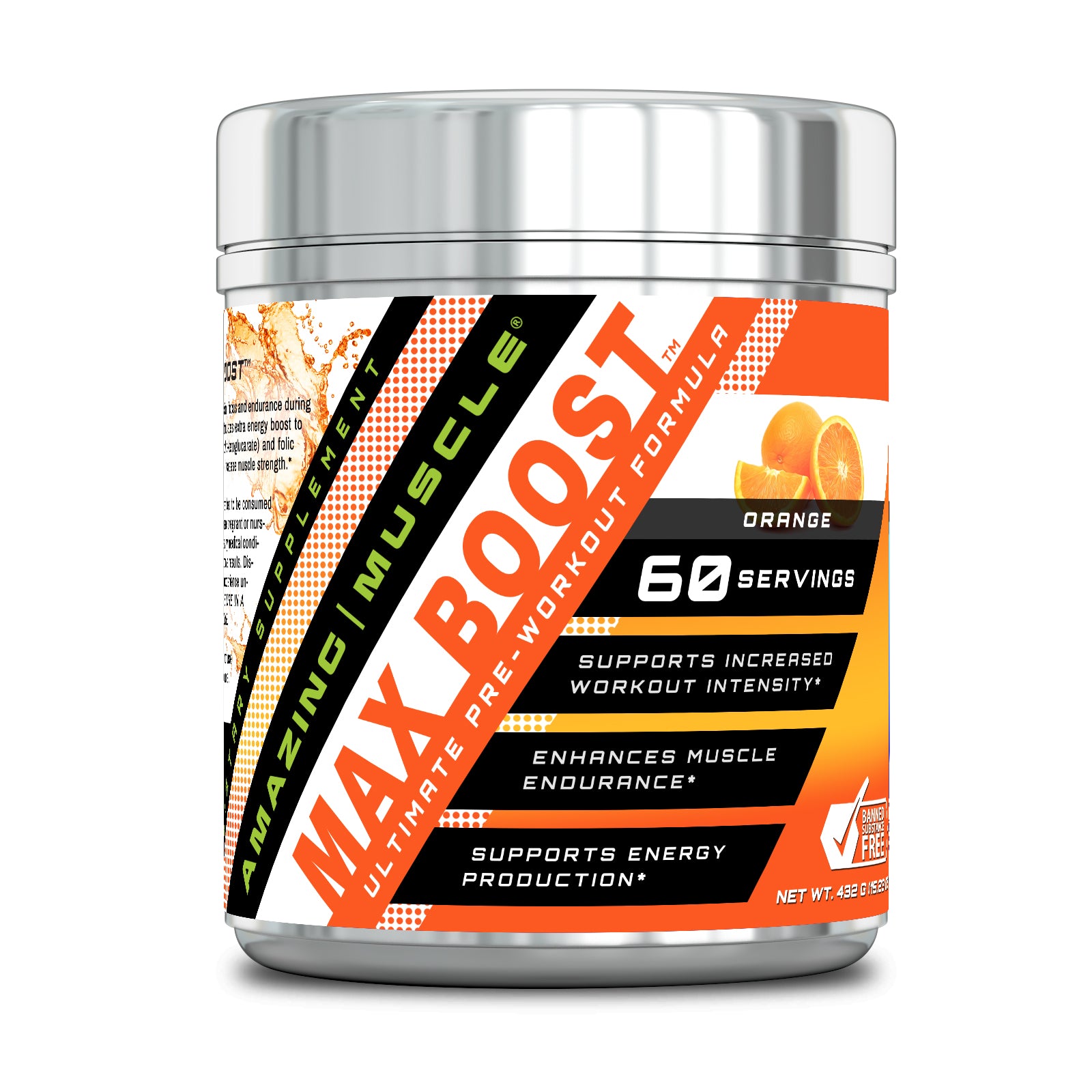 Amazing Muscle Max Boost Pre-Workout Formula | Orange | 60 Servings | 7.2 Grams per Serving