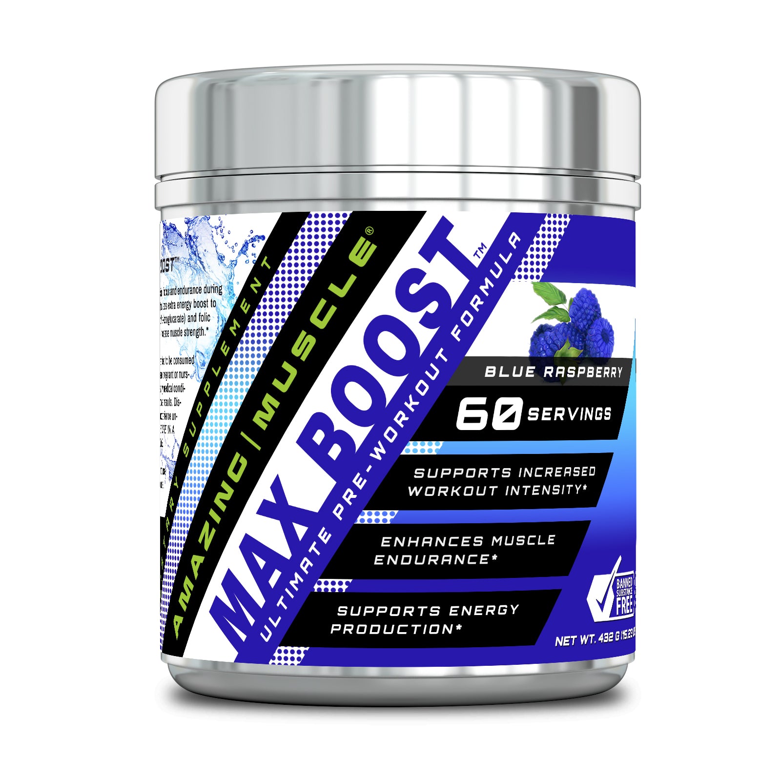 Amazing Muscle Max Boost Pre-Workout Formula | Blue Raspberry Flavor | 60 Servings | 7.2 Grams per Serving