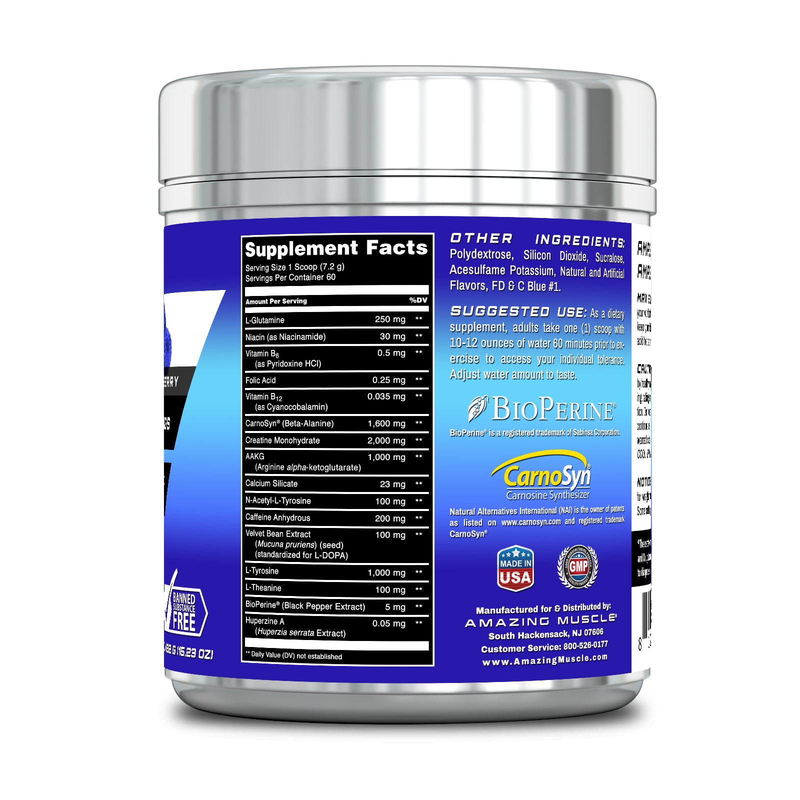 Amazing Muscle Max Boost Pre-Workout Formula | Blue Raspberry Flavor | 60 Servings | 7.2 Grams per Serving