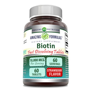 Amazing Formulas Biotin Fast Dissolving | 10000 Mcg | 60 Tablets | Strawberry Flavor