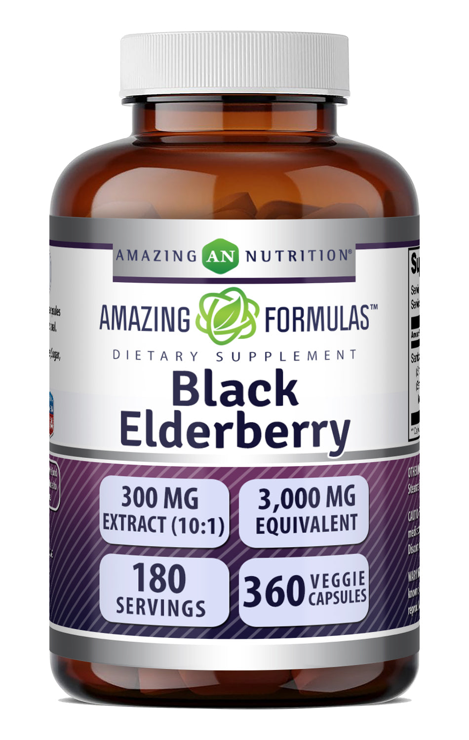Amazing Formulas Sambucus Black Elderberry | 300 Mg Extract 10:1 (3000 Mg Equivalent) per Serving | 360 Veggie Capsules