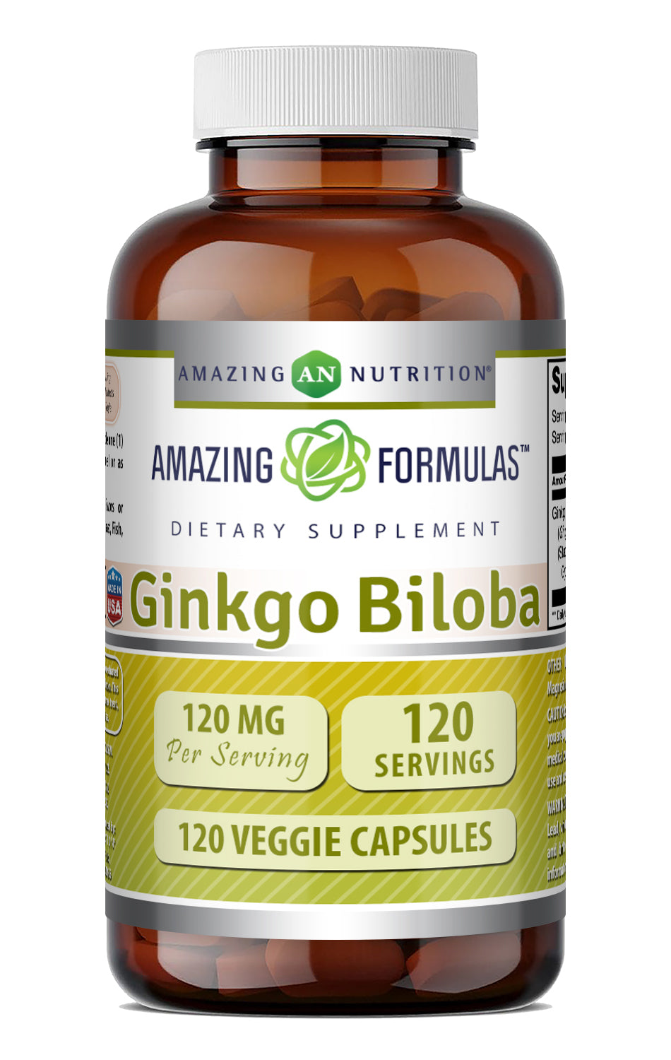 Amazing Formulas Ginkgo Biloba 120 Mg | Standardized to Contain 24% Ginkgo Flavone Glycosides | 120 Veggie Capsules