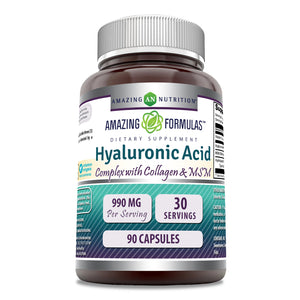Amazing Formulas Hyaluronic Acid Complex | 990 mg Per Serving | with Hydrolyzed Collagen I & III, MSM & Vitamin C | 90 Capsules