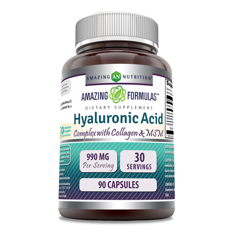 Image of Amazing Formulas Hyaluronic Acid Complex | 990 mg Per Serving | with Hydrolyzed Collagen I & III, MSM & Vitamin C | 90 Capsules