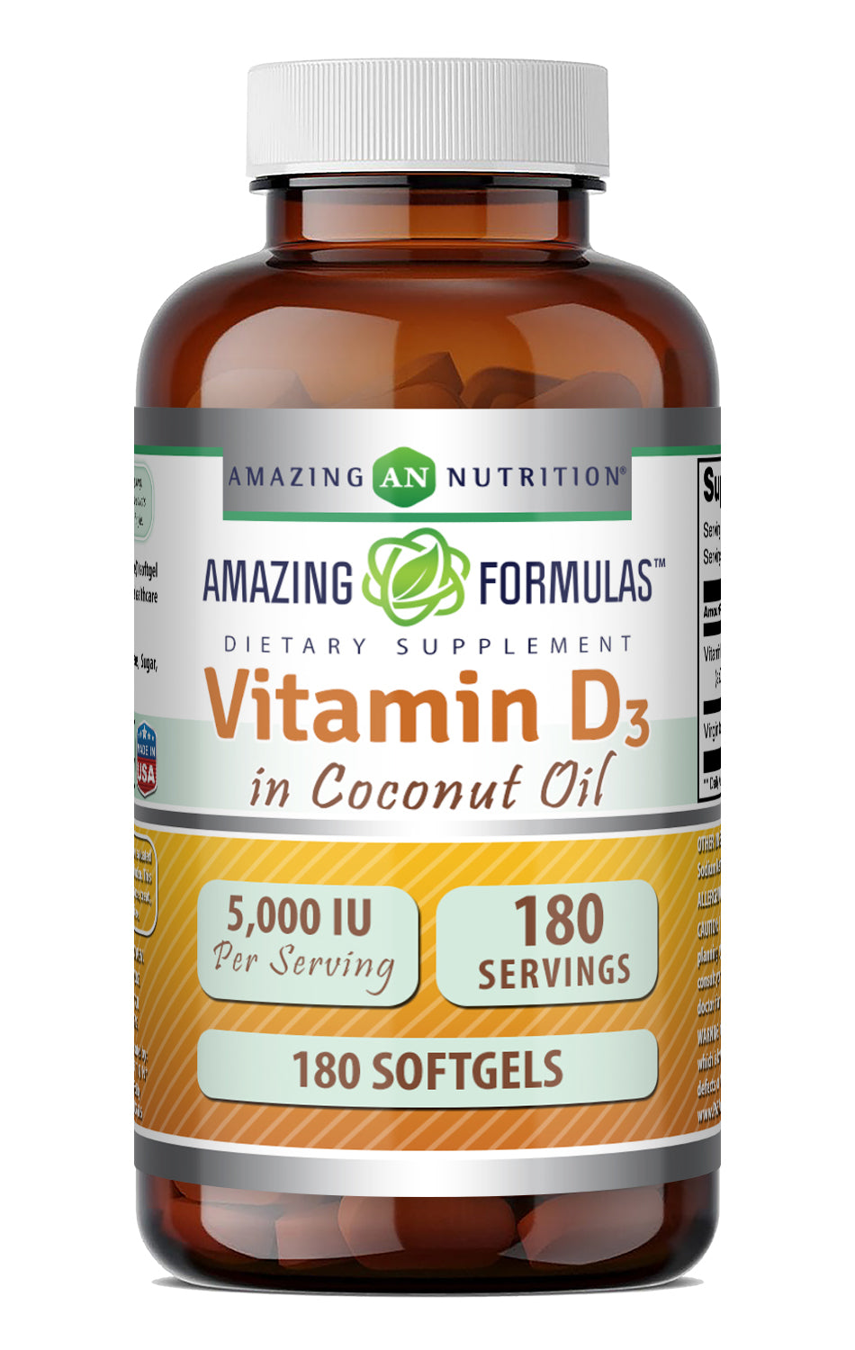 Amazing Formulas Vitamin D3 in Virgin Coconut Oil 5000 IU | 180 Softgels