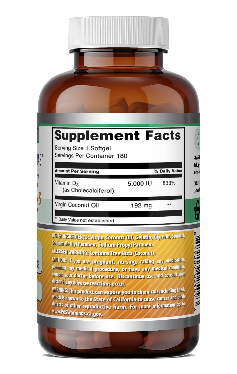 Amazing Formulas Vitamin D3 in Virgin Coconut Oil 5000 IU | 180 Softgels