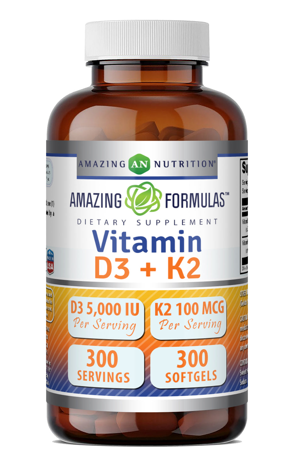 Amazing Formulas Vitamin D3 (as Cholecalciferol) 5000 IU + Vitamin K2 100 Mcg | 300 Softgels