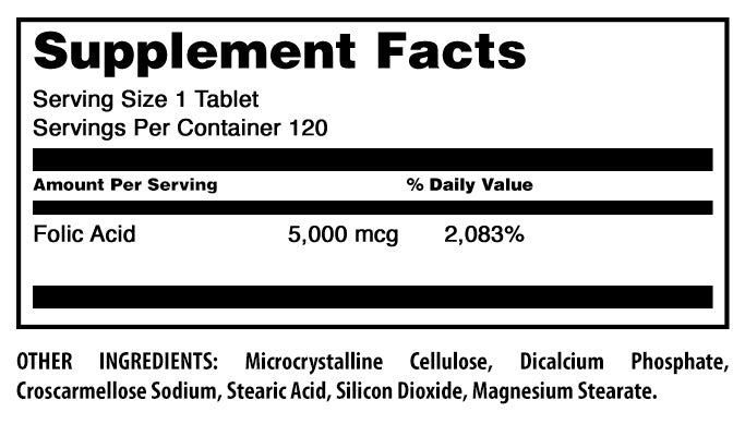 Amazing Formulas Folic Acid | 5000 Mcg | 120 Tablets