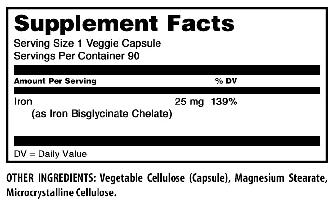 Amazing Formulas Iron as Iron Bisglycinate | 25 Mg | 90 Veggie Capsules