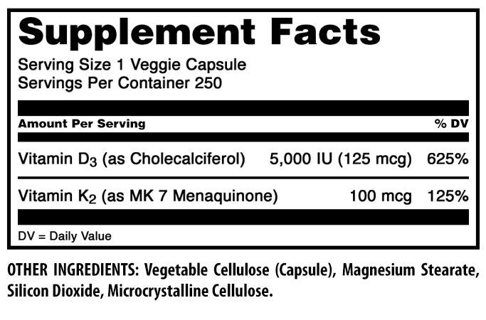 Amazing Formulas Vitamin D3 5000 IU + Vitamin K2 100 MCG | 250 Veggie Capsules