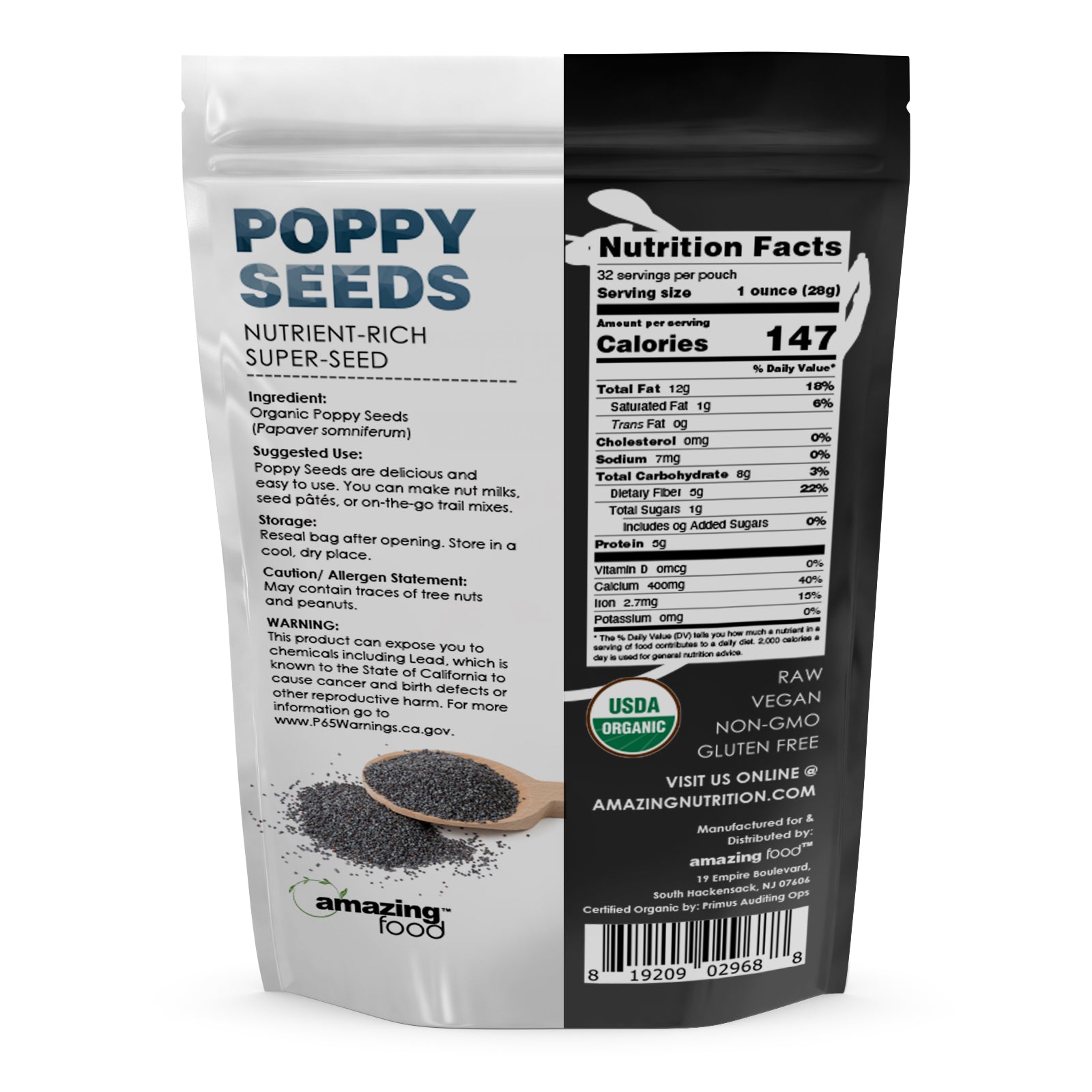 Amazing Food Blue Poppy Seeds | 2 LB | 28 Grams per Serving | 32 Servings | USDA Organic