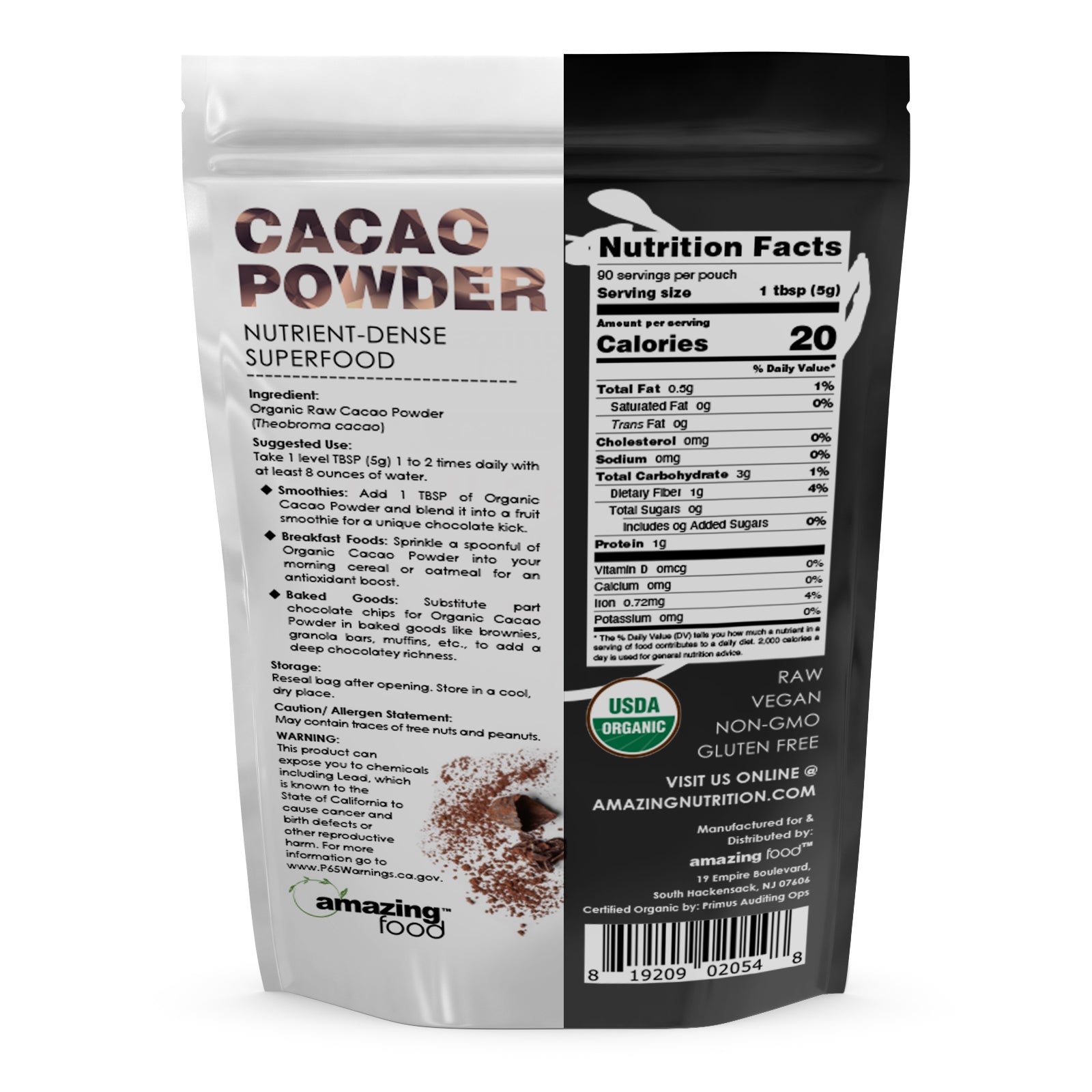 Amazing Food Cacao Powder | 1 Lb | 5 Grams per Serving | 90 Servings | USDA Organic