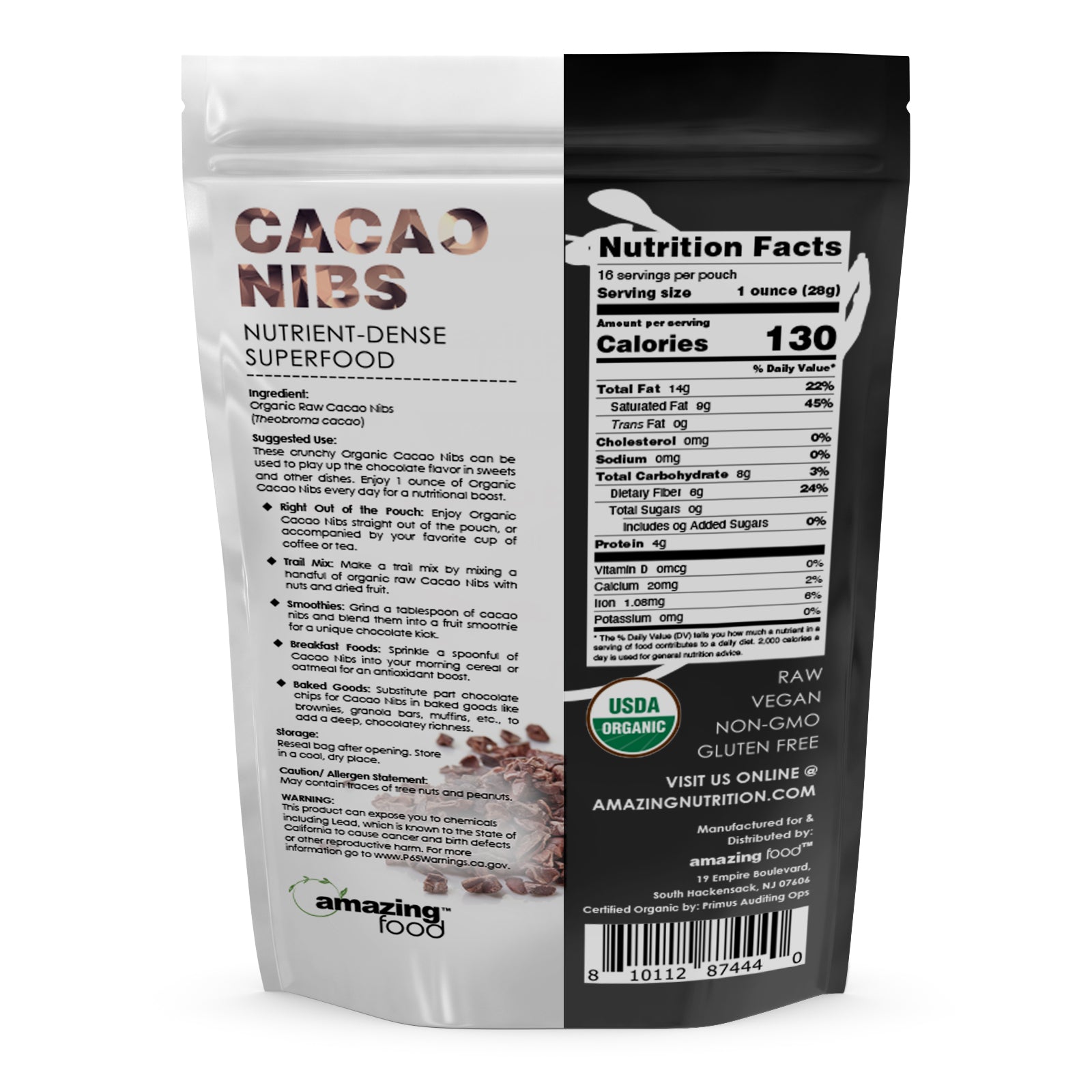 Amazing Food Raw Cacao Nibs | 1 Lb | 28 Grams per Serving | 16 Servings | USDA Organic