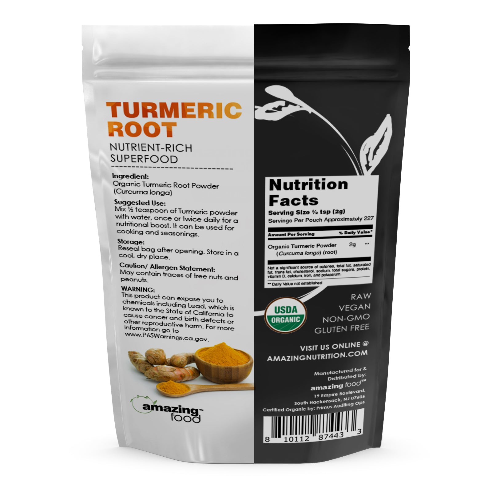 Amazing Food Turmeric Root Powder | 1 Lb | 2 Grams per Serving | 227 Servings | USDA Organic