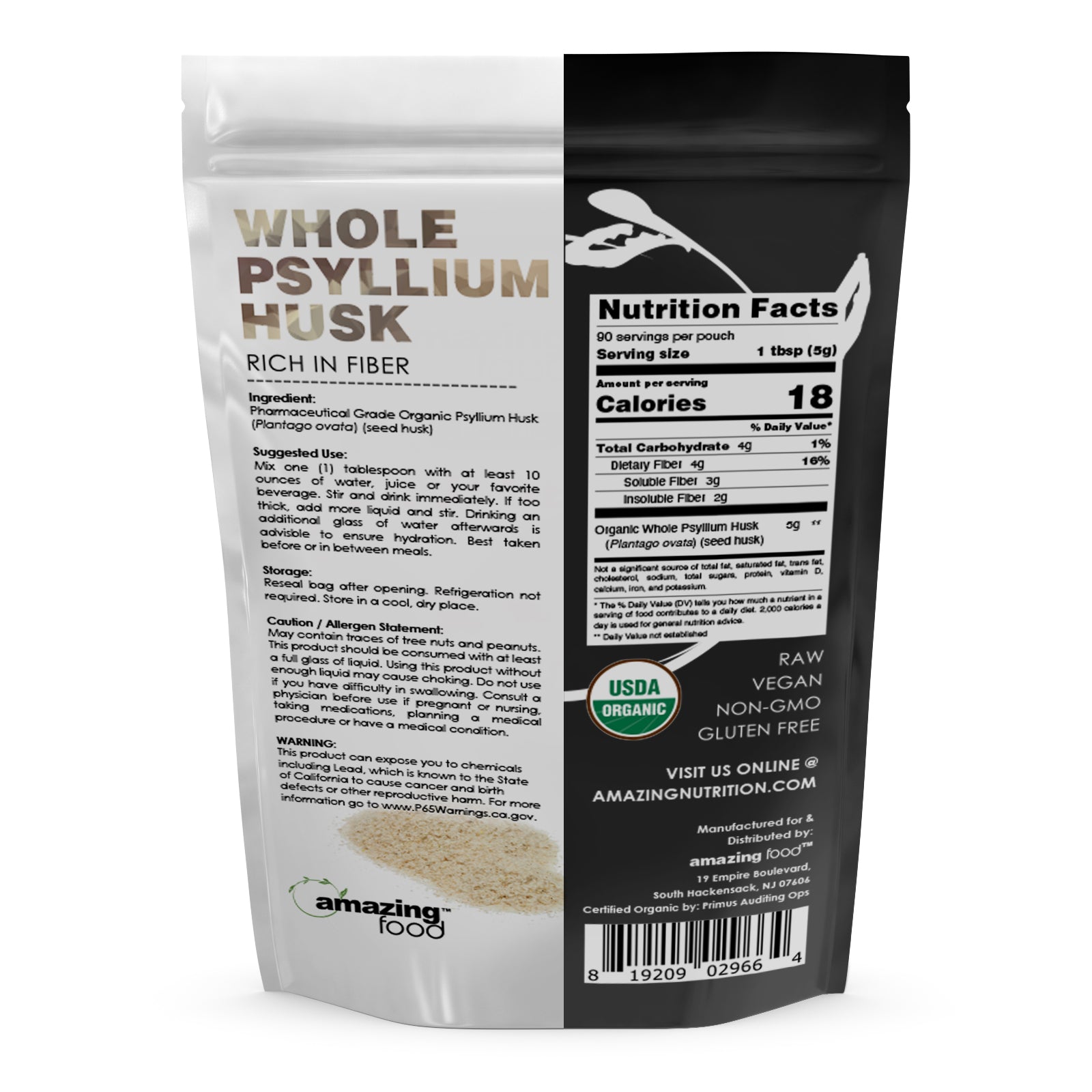 Amazing Food Whole Psyllium Husk Powder | 1 LB | 5 Grams per Serving | 90 Servings | USDA Organic