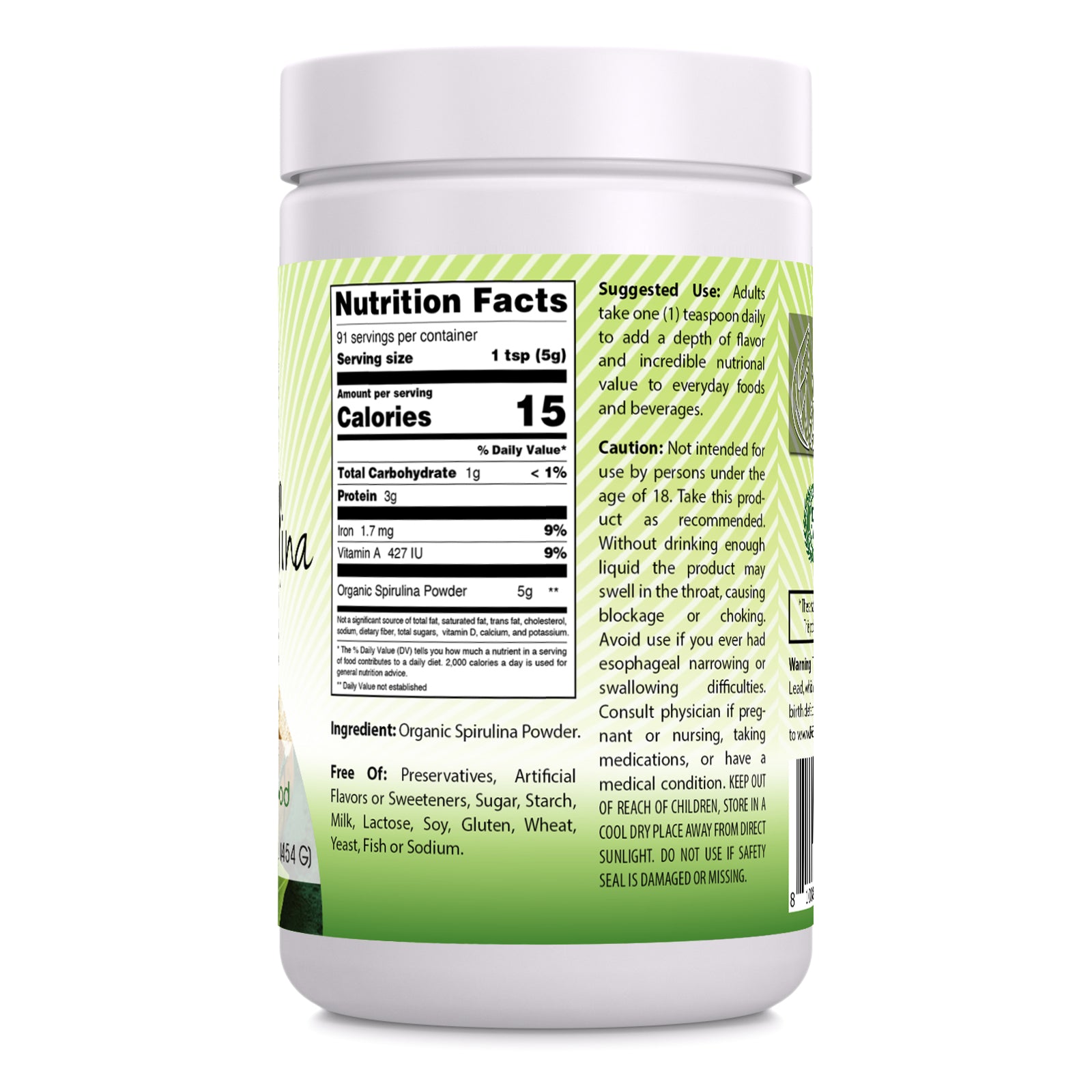 Amazing India Spirulina | USDA Organic | 16 Oz Powder | 5 Grams per Serving