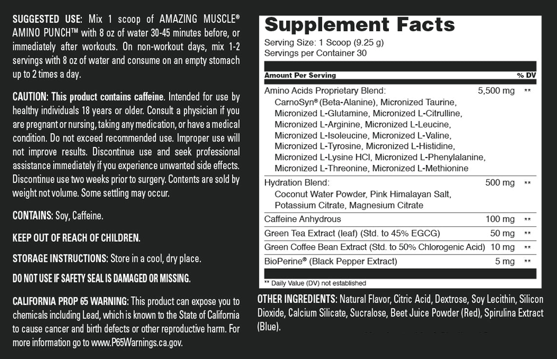 Amazing Muscle Amino Punch | Blueberry Pomegranate Blast | 30 Servings | 9.8 Oz | 9.25 Grams per Serving