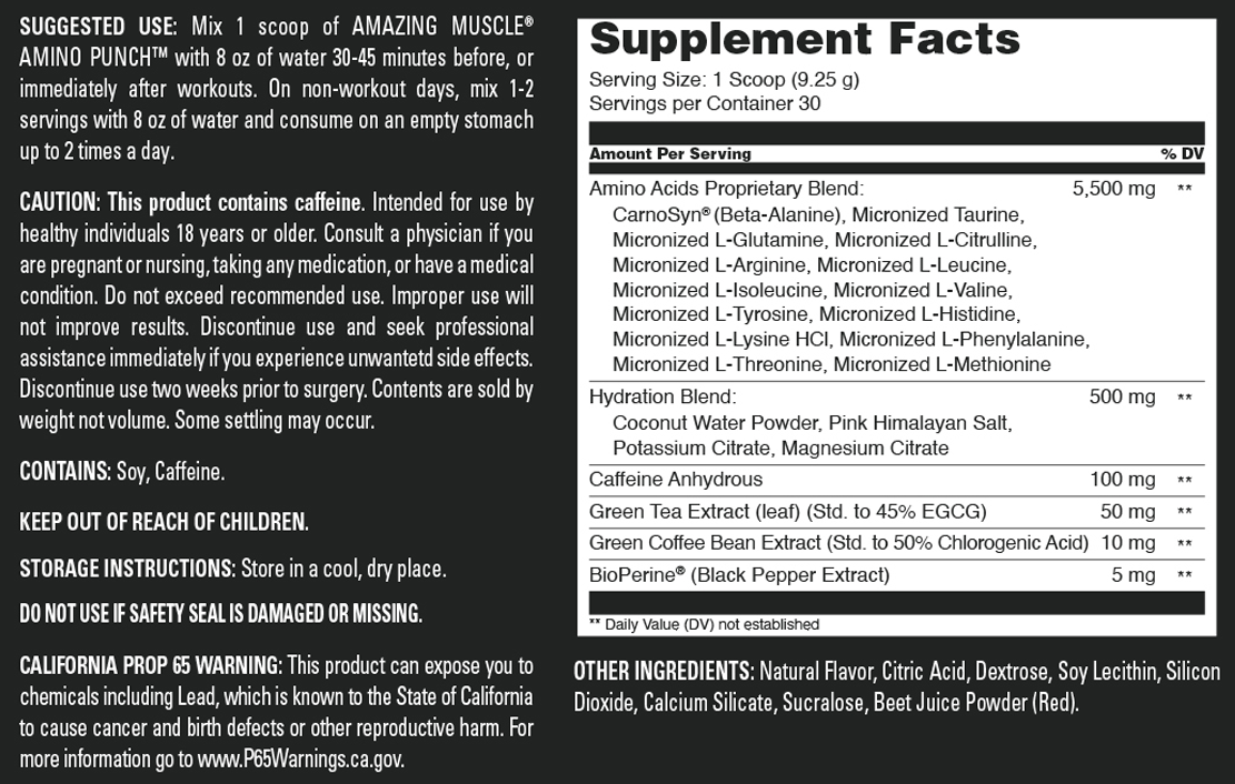 Amazing Muscle Amino Punch | Fruit Punch | 30 Servings | 9.8 Oz | 9.25 Grams per Serving