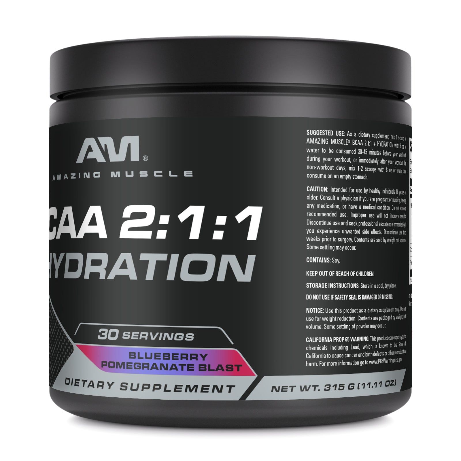 Amazing Muscle BCAA 2:1:1 + Hydration | Blueberry Pomegranate Flavor | 30 Servings | 315 Grams (11.11 Oz) | Pre & Post-Workout Supplement