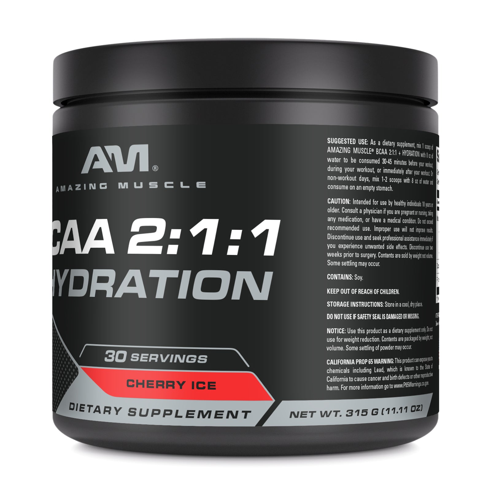 Amazing Muscle BCAA 2:1:1 + Hydration | Cherry Ice Flavor | 30 Servings | 315 Grams (11.11 Oz) | Pre & Post-Workout Supplement