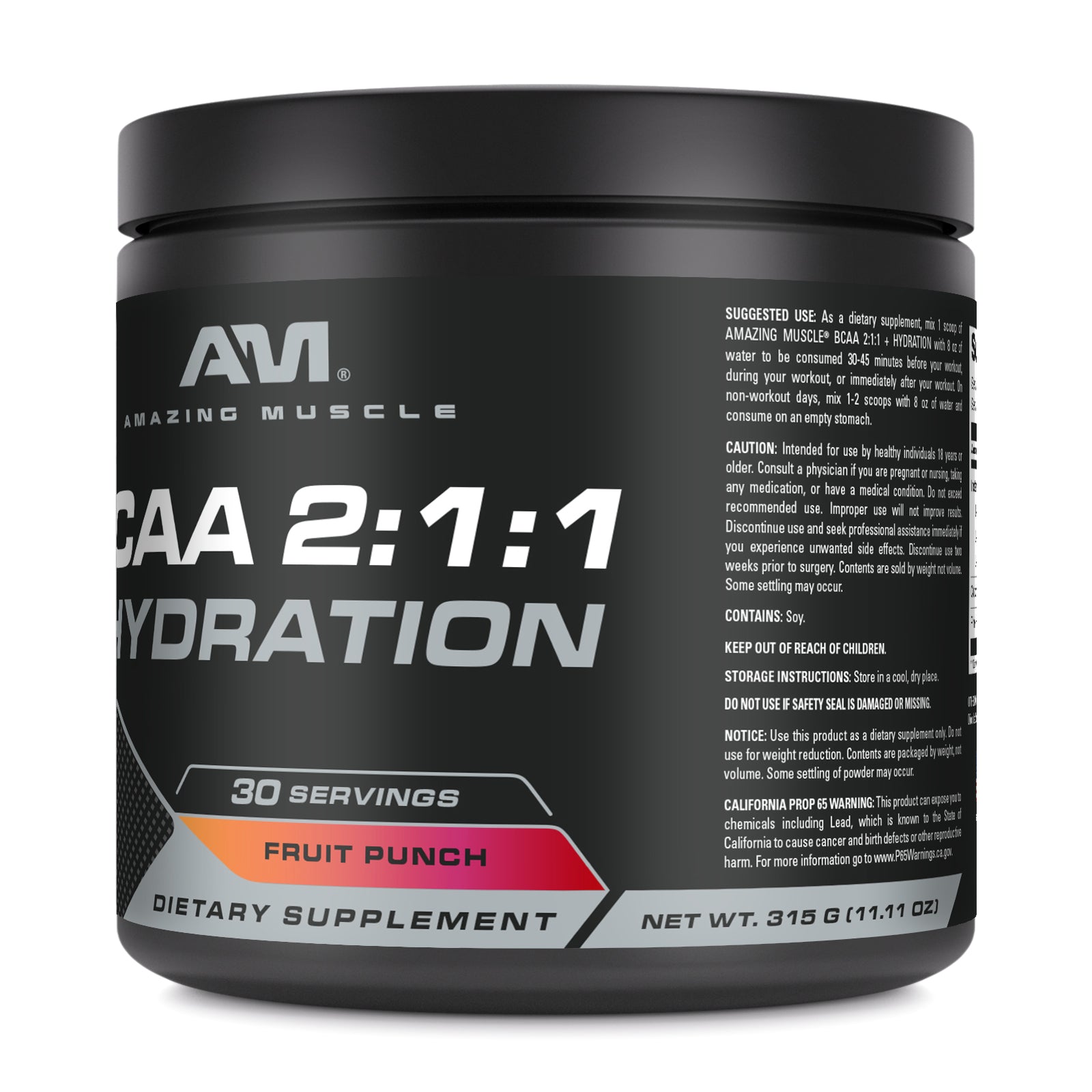 Amazing Muscle BCAA 2:1:1 + Hydration | Fruit Punch Flavor| 30 Servings | 315 Grams (11.11 Oz) | Pre & Post-Workout Supplement