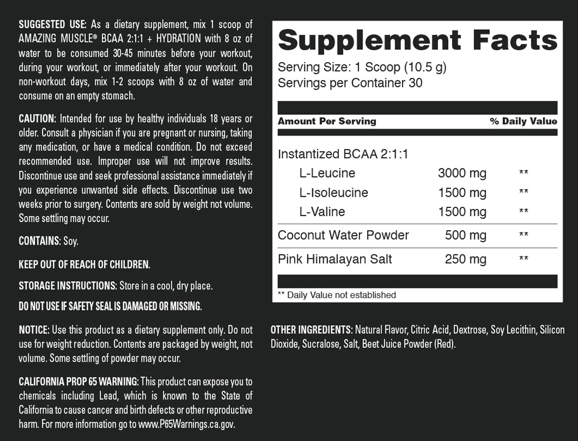 Amazing Muscle BCAA 2:1:1 + Hydration | Fruit Punch Flavor| 30 Servings | 315 Grams (11.11 Oz) | Pre & Post-Workout Supplement