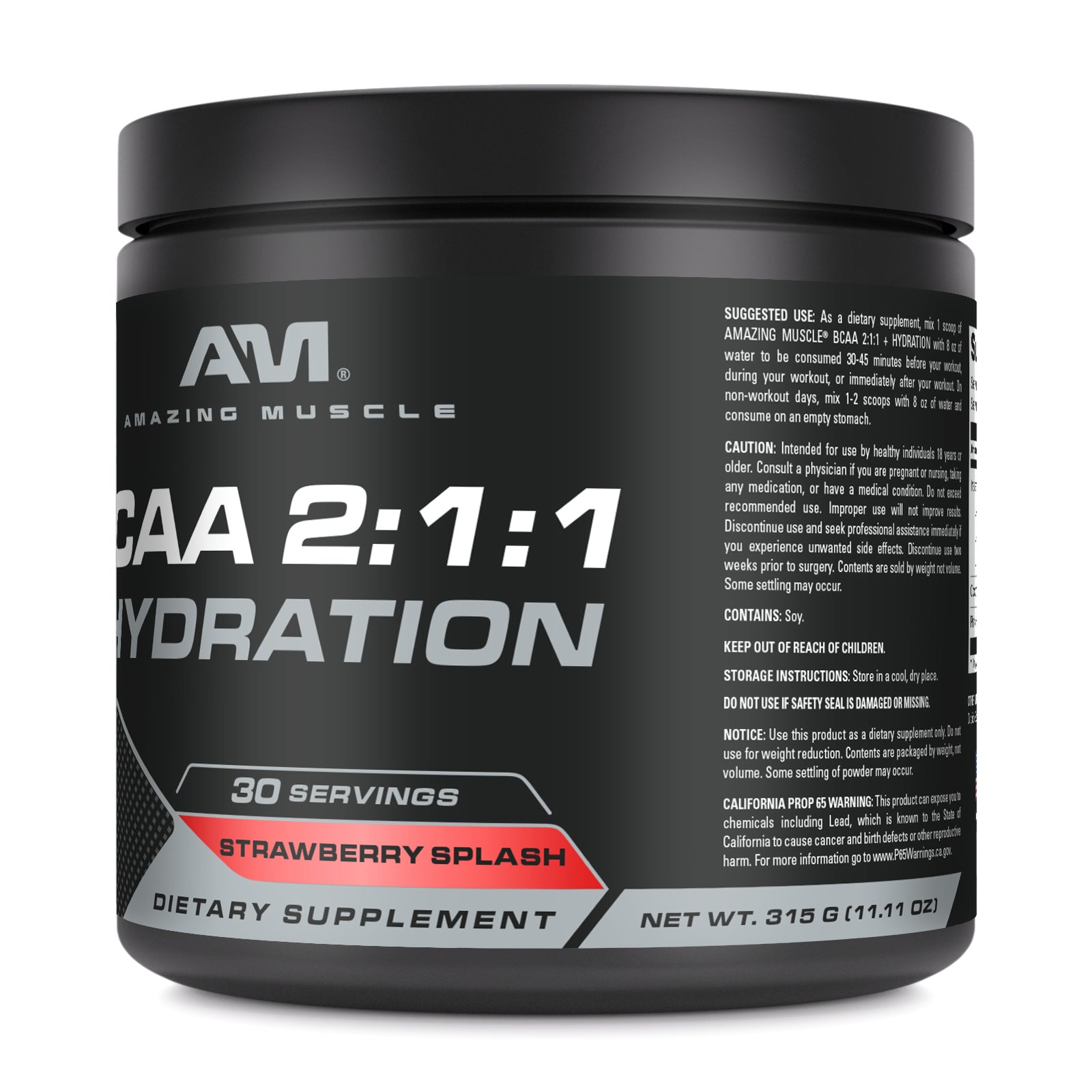 Amazing Muscle BCAA 2:1:1 + Hydration | Strawberry Splash Flavor| 30 Servings | 315 Grams (11.11 Oz) | Pre & Post-Workout Supplement