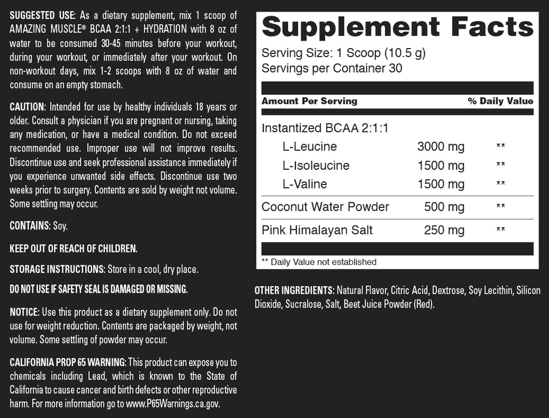 Amazing Muscle BCAA 2:1:1 + Hydration | Strawberry Splash Flavor| 30 Servings | 315 Grams (11.11 Oz) | Pre & Post-Workout Supplement