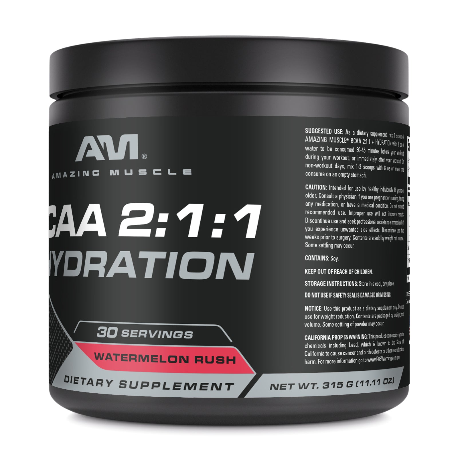 Amazing Muscle BCAA 2:1:1 + Hydration | Watermelon Rush Flavor | 30 Servings | 315 Grams