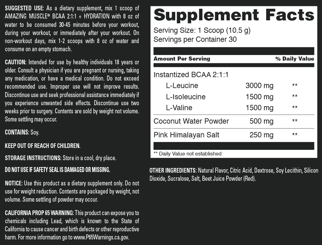 Amazing Muscle BCAA 2:1:1 + Hydration | Watermelon Rush Flavor | 30 Servings | 315 Grams