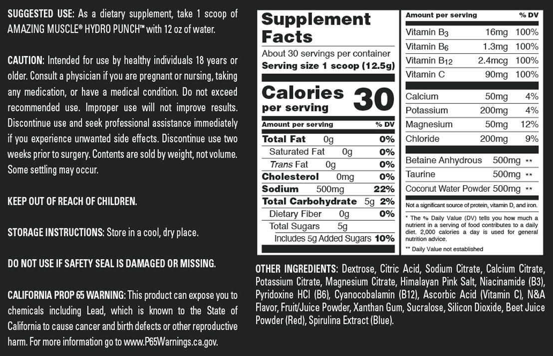 Amazing Muscle Hydro Punch | Hydration + Electrolyte Blend | Pre-Intro & Post Workout Powder Supplement | 30 Servings | Grape Candy Flavor