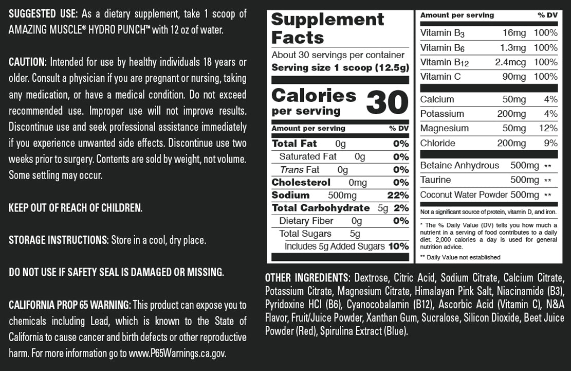 Amazing Muscle Hydro Punch | Hydration + Electrolyte Blend | Pre-Intro & Post Workout Powder Supplement | 30 Servings | Blueberry Pomegranate Blast Flavor