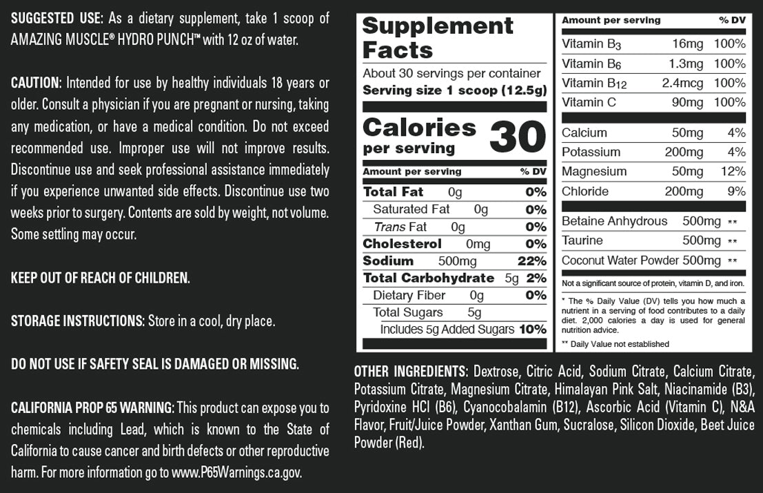 Amazing Muscle Hydro Punch | Hydration + Electrolyte Blend | Pre-Intro & Post Workout Powder Supplement | 30 Servings | Cherry Ice Flavor