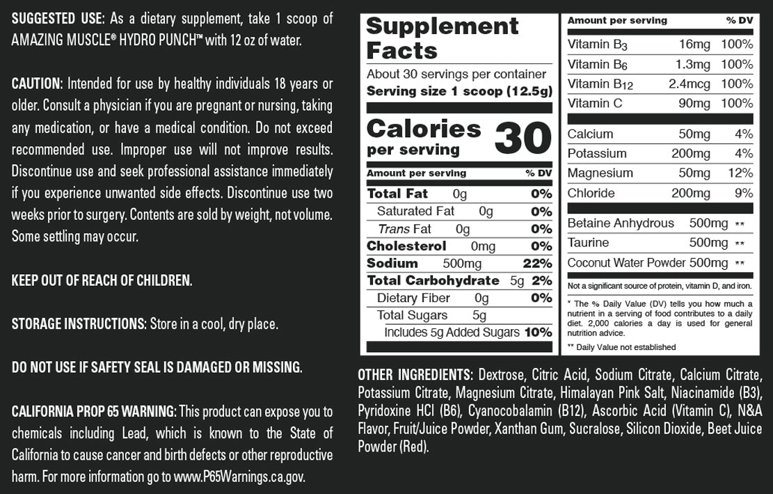Amazing Muscle Hydro Punch | Hydration + Electrolyte Blend | Pre-Intro & Post Workout Powder Supplement | 30 Servings | Strawberry Splash Flavor
