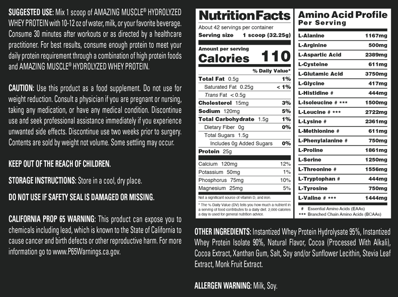 Amazing Muscle Hydrolyzed Whey Protein Powder | Chocolate Flavor | 3 Lb | 25 G Protein per Serving | 42 Servings