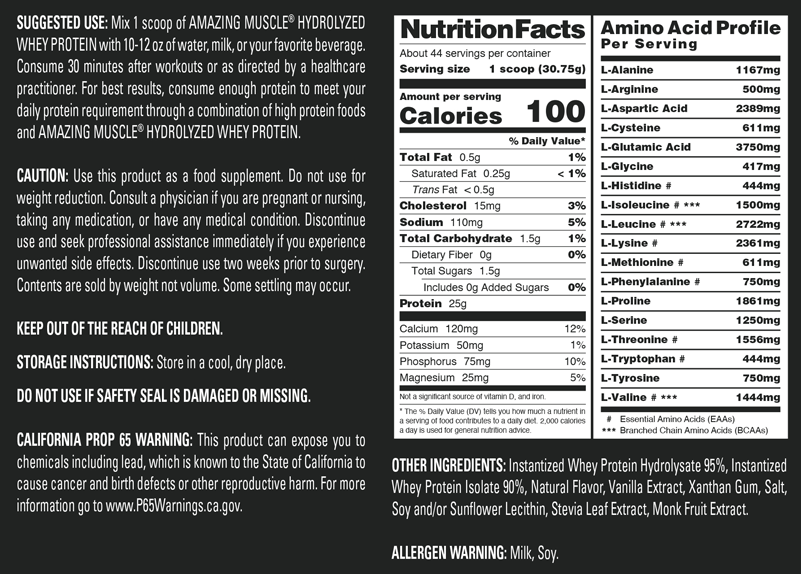 Amazing Muscle Hydrolyzed Whey Protein Powder | Vanilla Flavor | 3 Lb | 25 G Protein per Serving | 44 Servings