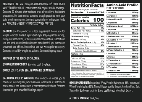 Image of Amazing Muscle Hydrolyzed Whey Protein Powder | Vanilla Flavor | 3 Lb | 25 G Protein per Serving | 44 Servings