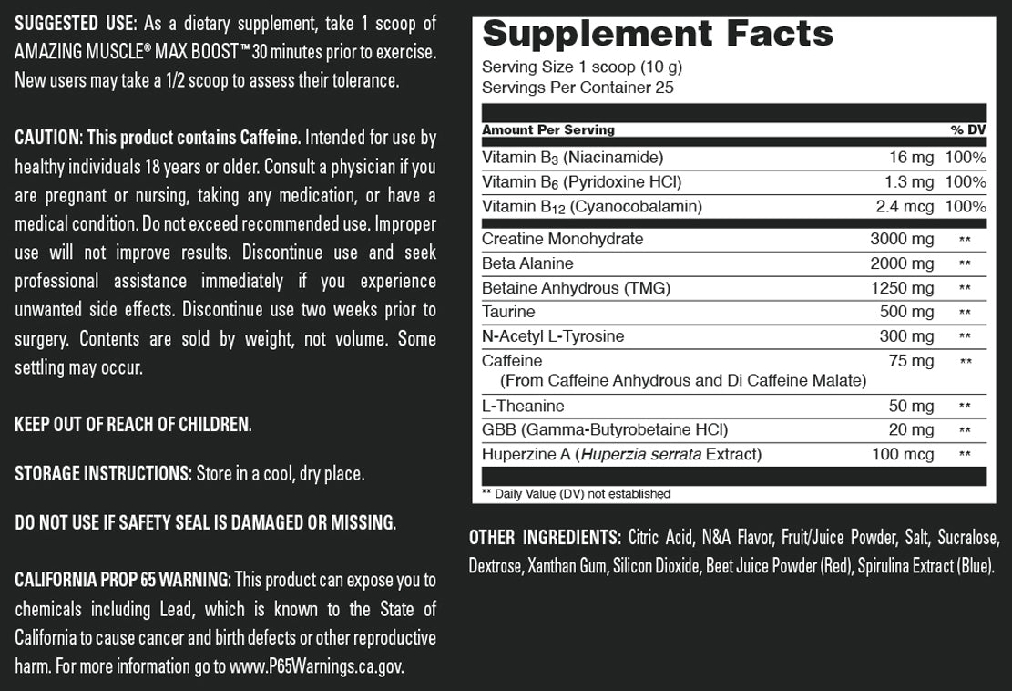 Amazing Muscle Max Boost | Intense Pre-Workout Supplement | 25 Servings (250 G | 8.8 Oz) | Blueberry Pomegranate Blast Flavor