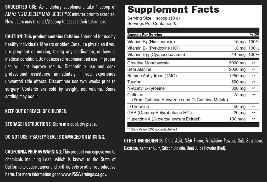 Amazing Muscle Max Boost | Intense Pre-Workout Supplement | 25 Servings (250 G | 8.8 Oz) | Watermelon Rush Flavor