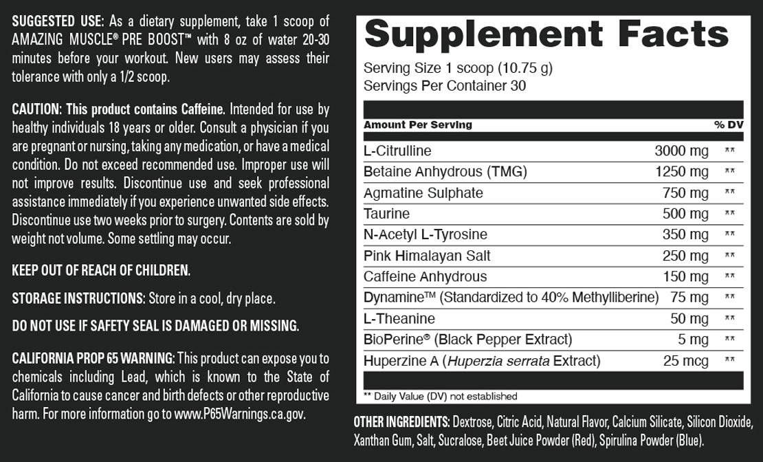 Amazing Muscle Pre Boost 10.75 Grams | 30 Servings (324 G | 11.4 Oz) | Grape Candy Flavor | Pre-Workout Supplement