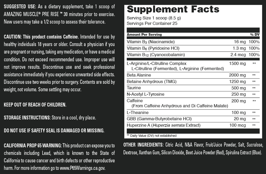 Amazing Muscle Pre Rise | Pre Workout Powder Supplement | 25 Servings (213 G | 7.51 Oz) | Blueberry Pomegranate Blast Flavor