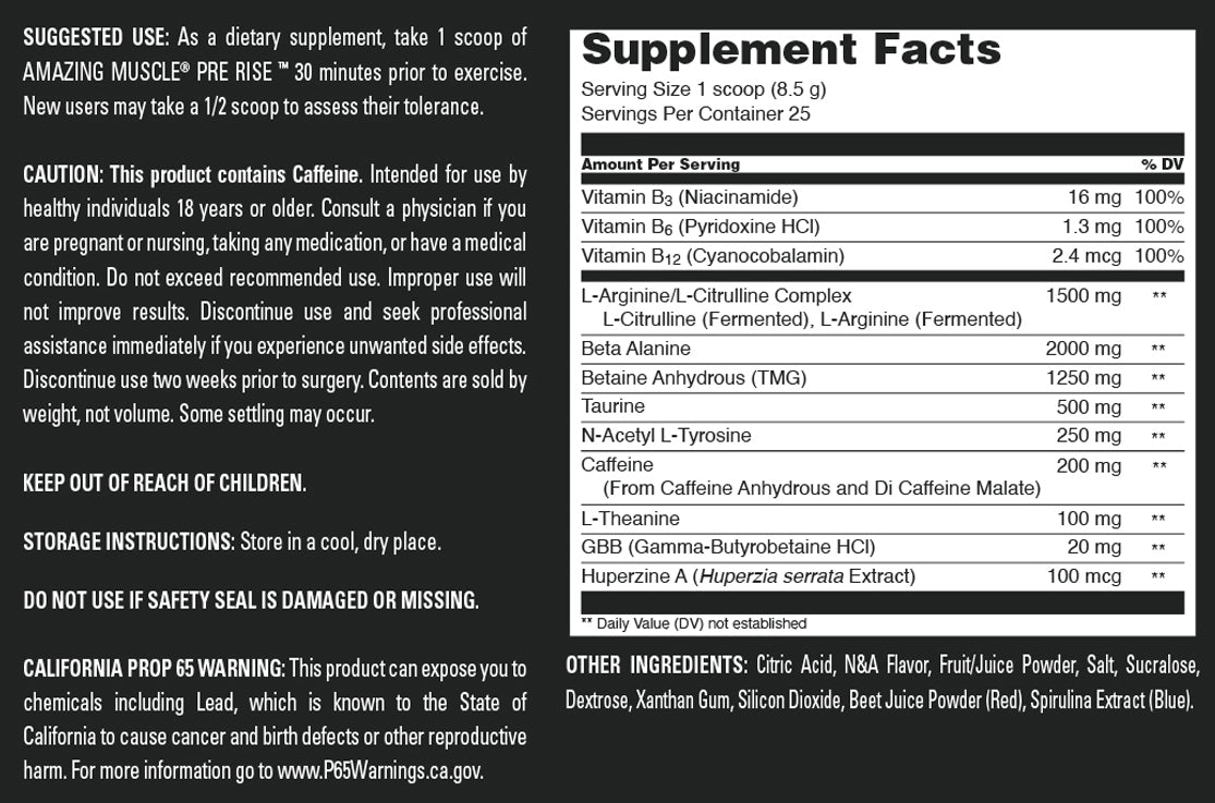 Amazing Muscle Pre Rise | Pre Workout 8.5 Grams per Serving Powder Supplement | 213 G (7.51 Oz) | Grape Candy Flavor