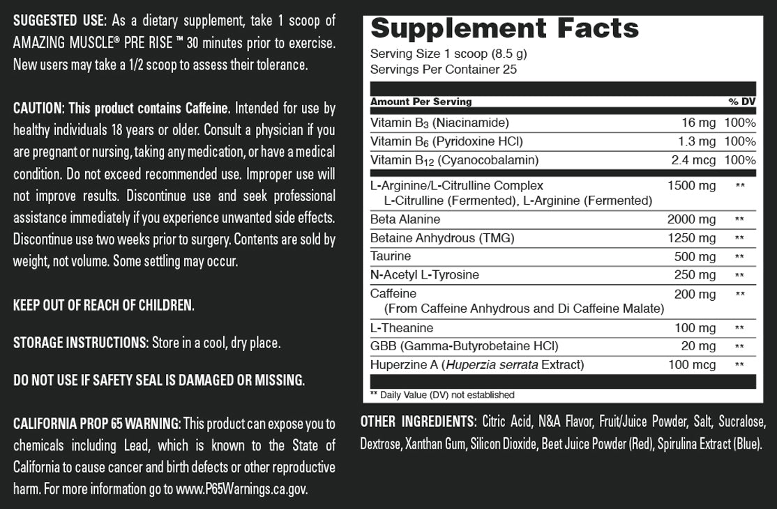 Amazing Muscle Pre Rise | Pre Workout Powder Supplement | 25 Servings (213 G | 7.51 Oz) | Wild Berry Burst Flavor